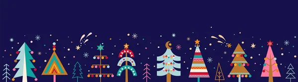 Karların Altında Skandinav Tarzında Oyuncaklar Olan Çizimi Noel Ağaçları Xmas — Stok Vektör