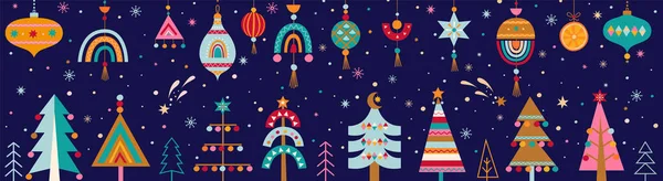 Bożonarodzeniowe Poziome Sztandar Ręcznie Rysowane Choinki Pod Śniegiem Bożonarodzeniowe Kulki — Wektor stockowy