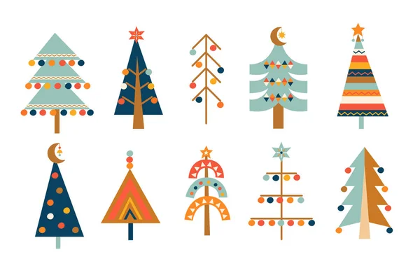 Grande Serie Alberi Natale Disegnati Mano Con Giocattoli Stile Scandinavo — Vettoriale Stock