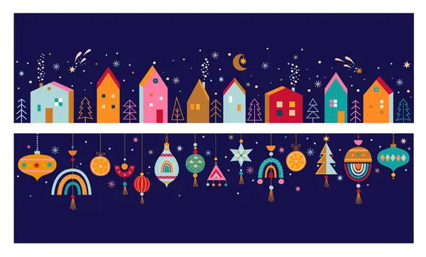 圣诞横幅 手绘隔离房屋在雪下 圣诞球在斯堪的纳维亚风格 圣诞节舒适的装饰元素 印刷模板 矢量插图 — 图库矢量图片