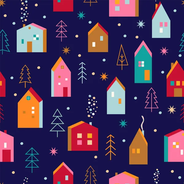 Weihnachten Nahtlose Muster Mit Handgezeichneten Häusern Und Weihnachtsbäumen Mit Spielzeug — Stockvektor