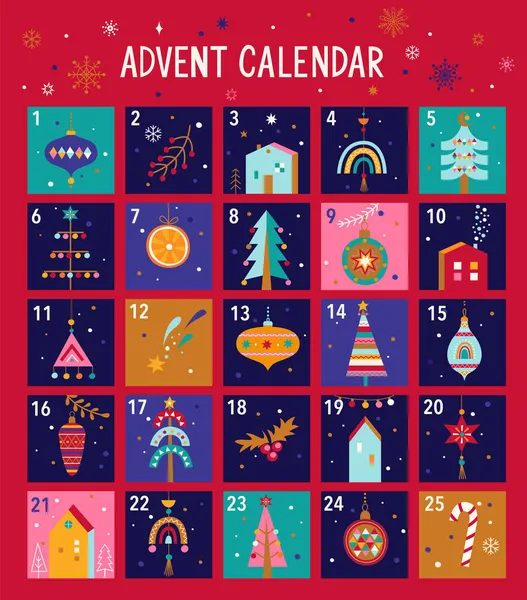 子供のための手描きのクリスマス要素とクリスマスの到来カレンダー あなたのカレンダーを設計するためのクリスマスツリー ボール 家やボール Xmas隔離された居心地の良い装飾要素 — ストックベクタ