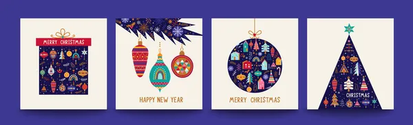 Cartões Natal Com Caixa Presente Corte Papel Bola Natal Árvore —  Vetores de Stock