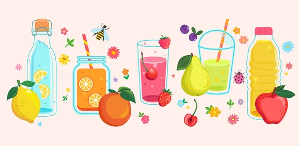 Establecer Jugos Verano Dibujados Mano Cócteles Saludables Con Rebanadas Frutas — Archivo Imágenes Vectoriales