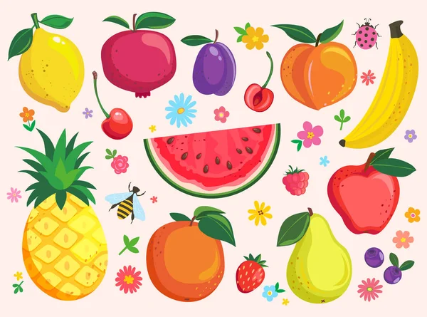 Set Divertenti Frutta Isolate Disegnate Mano Bacche Dolce Trattamento Estivo — Vettoriale Stock