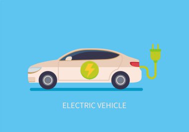 Fişi olan elektrikli araba, yeşil elektrik enerjisi tüketimi. EV araba, çevre dostu araç konsepti, hibrit araçlar şarj olmaya hazır. Elektrik santrali için şablon tasarımı. Vektör illüstrasyonu.