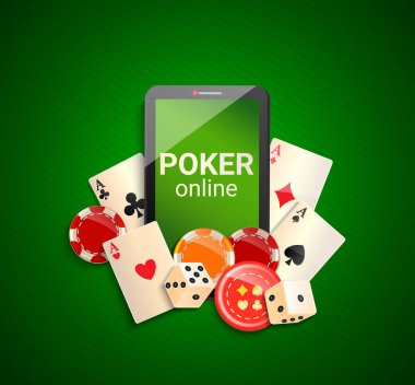Mobil cihazlarla çevrimiçi poker. Telefonlu pankart, poker kartları, zar atma, fiş. Akıllı telefondan online kumarhane. Yeşil arkaplanda reklam veya davet afişi şablonu. Vektör illüstrasyonu.
