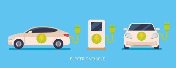 Elektrické Automobily Různých Pohledech Nabíjecí Stanice Šetrná Životnímu Prostředí Ekologický — Stockový vektor