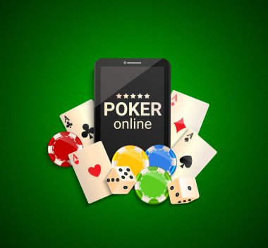 Poker online in smartphone,invitation banner. Online Casino in phone. Web landing page template for internet game. Advertising banner with phone, poker cards, playing dice, chips. Gambling app. Vector