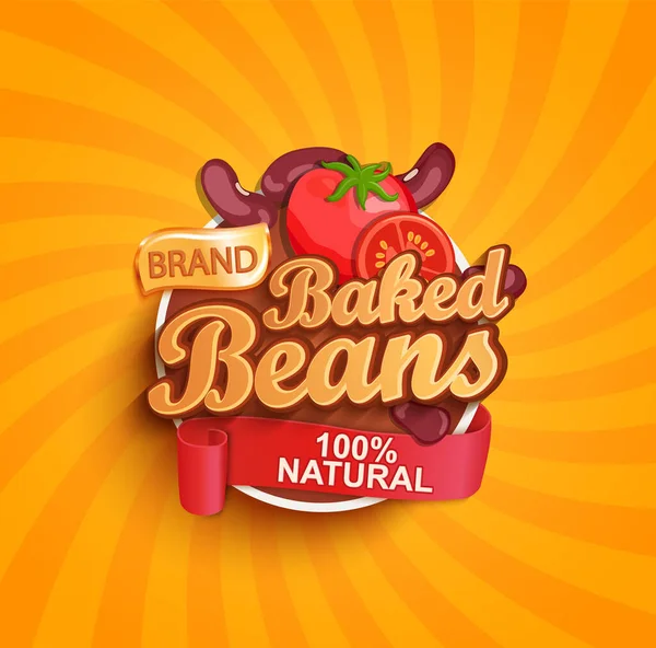 Baked Beans Logo Label Sticker Sunburst Background Natural Organic Food — Stock Vector