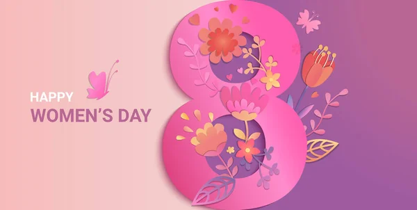 国際女性の日のバナー 3月8日のチラシを手描きの花で飾る ニュースレター パンフレット ポストカードのための幸せな休日のカードを祝福し 願います ベクトル — ストックベクタ