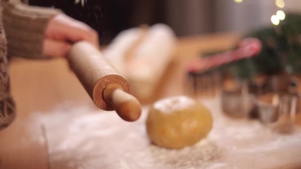 女性は、ジンジャーブレッドを作るために圧延ピンに小麦粉を振りかける。クリスマス気分。サイドビュー。スローモーション — ストック動画