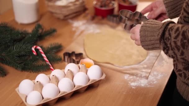 Een vrouw die peperkoek maakt thuis. Vrouwelijke snij koekjes van peperkoek deeg. Kerst en Nieuwjaar tradities concept. Kerstbakkerij. — Stockvideo
