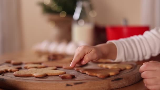 Holčička ukazuje prstem na vánoční perník. Vaření doma — Stock video