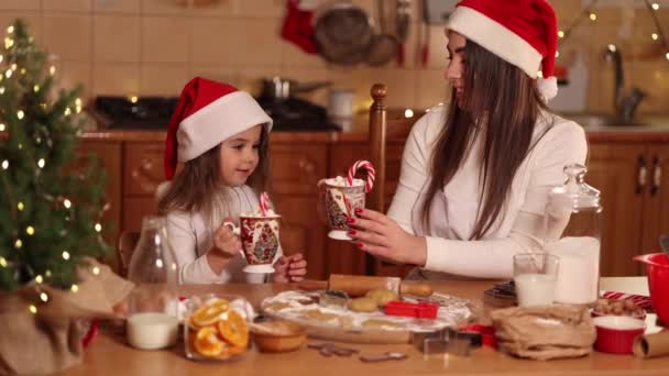 Η γυναίκα και η κορούλα της πίνουν νόστιμο κακάο με ζαχαρωτά στην κουζίνα. Σπίτι διακοσμημένο παραμονή Χριστουγέννων. Η μαμά και το κοριτσάκι με το καπέλο του Άι Βασίλη. Ιστορικό από φώτα νεράιδων. Προσαρμογή δέντρου — Αρχείο Βίντεο