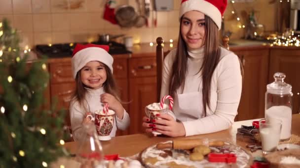 Mulher e sua filhinha bebendo cacau saboroso com marshmallow na cozinha. Casa decorada na véspera de Natal. Mãe e menina em Papai Noel. Antecedentes das luzes das fadas. Árvore adequada — Vídeo de Stock