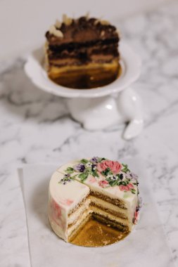 Bir dilim tiramisu bento keki. Pastanın sunumu. Tek kişilik tatlı. Küçük bir doğum günü pastası. Diğerlerinin arka planı bento keki