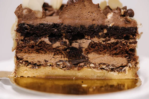 Primo piano del golfo di torta bento al cioccolato. Torta di presentazione sullo stand del coniglietto di Pasqua. Torta in sezione — Foto Stock