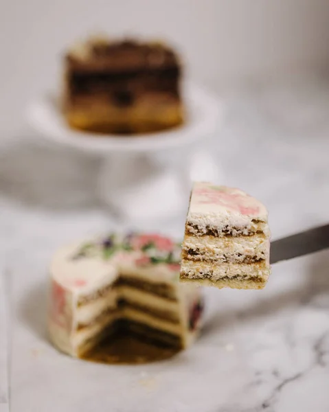 Egy szelet tiramisu bento torta. A torta bemutatása a szakaszban. Édes desszert egy embernek. Egy kis szülinapi torta. Háttér mások bento torta — Stock Fotó