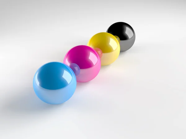 Quatre boules colorées pour le processus d'impression CMJN — Photo