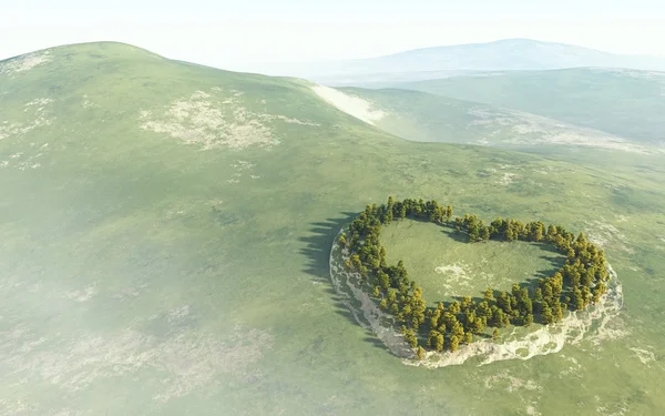 Summer green hills and heart-shaped forest — Stock Photo, Image