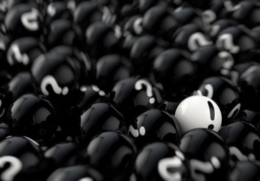 abstract 3d illustration of many black balls with question marks, and one white clipart