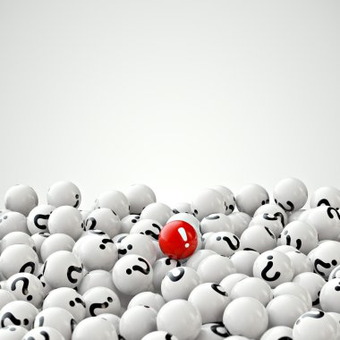 abstract 3d illustration of many gray balls with question marks, and one red clipart