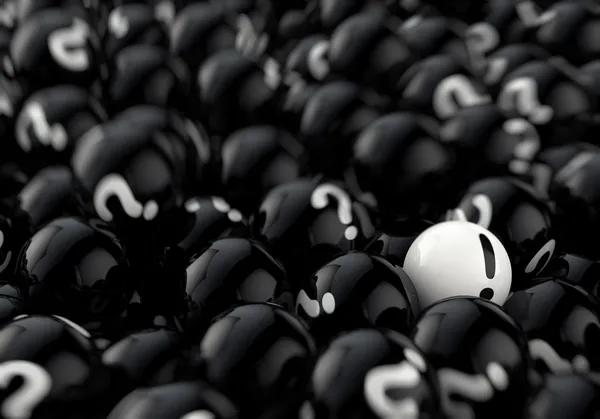 Abstract 3d illustration of many black balls with question marks, and one white — Stock Photo, Image