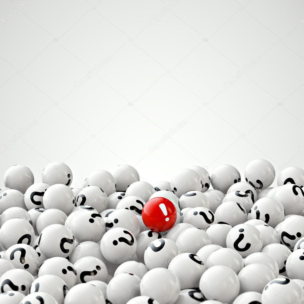 abstract 3d illustration of many gray balls with question marks, and one red