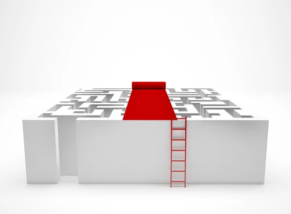 Leadership and strategy through business challenges and obstacles represented by a maze and labyrinth with a clear solution shortcut path opened with a red velvet carpet for success and victory. — Stock Photo, Image