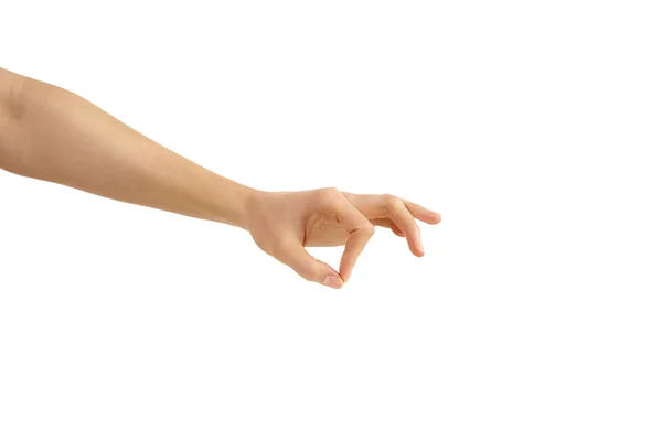 Пустая женщина держит руку двумя пальцами, изолированными на белом — стоковое фото