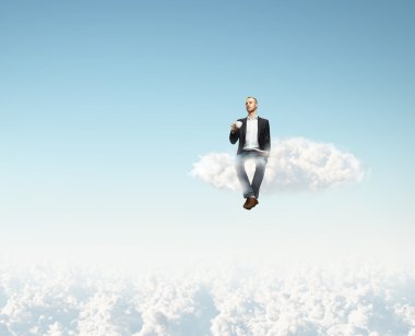 Man on a cloud with cup of coffee clipart