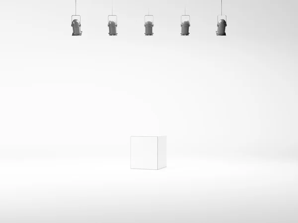 Spotlight fundo com lâmpadas e cubo branco — Fotografia de Stock