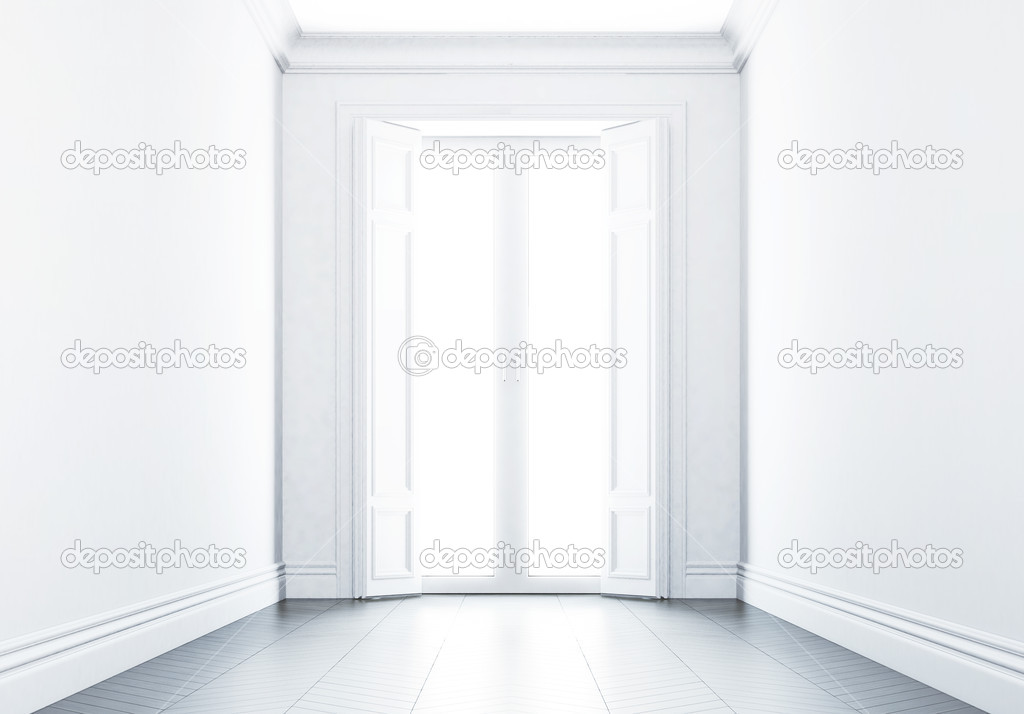 Empty white interior with shining door