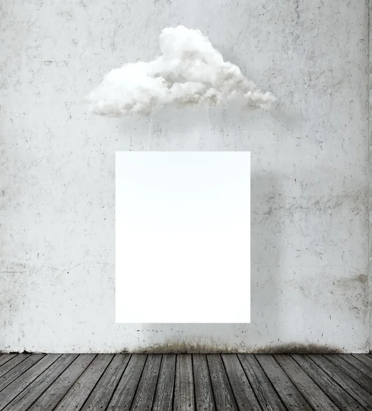 Leeres weißes Plakat hängt auf einer Wolke — Stockfoto