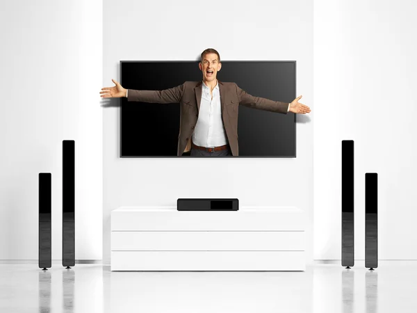 Mann springt aus 3D-Fernseher — Stockfoto