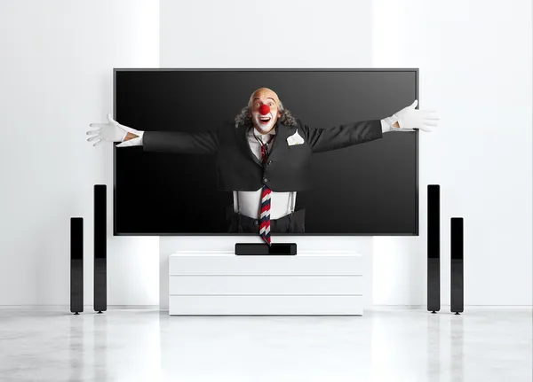 Clown che salta dallo schermo TV 3D — Foto Stock