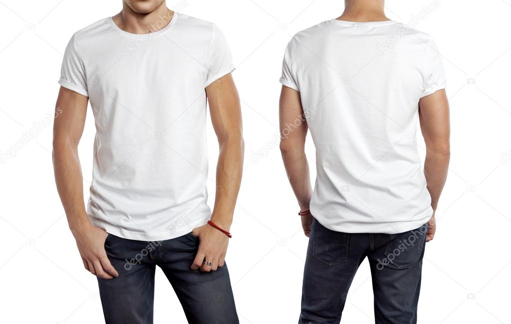 White t-shirt on a young man isolated, front and back