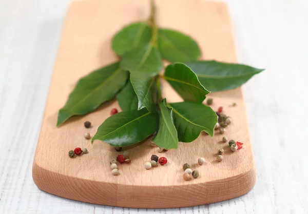 Laurel bay leaves and peppers — Stock Photo, Image