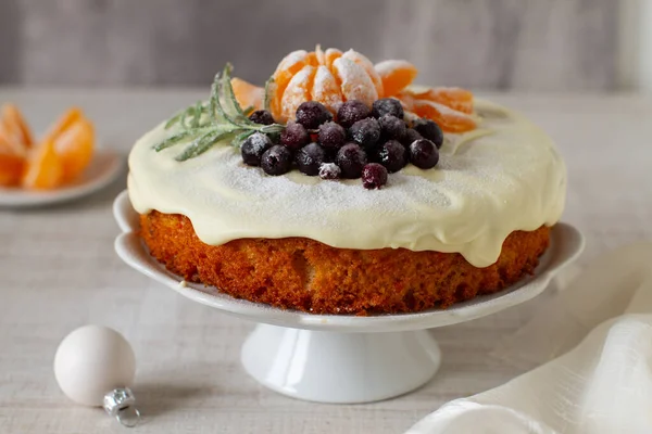 Gâteau Noël Aux Mandarines Canneberges Romarin Sur Stand — Photo