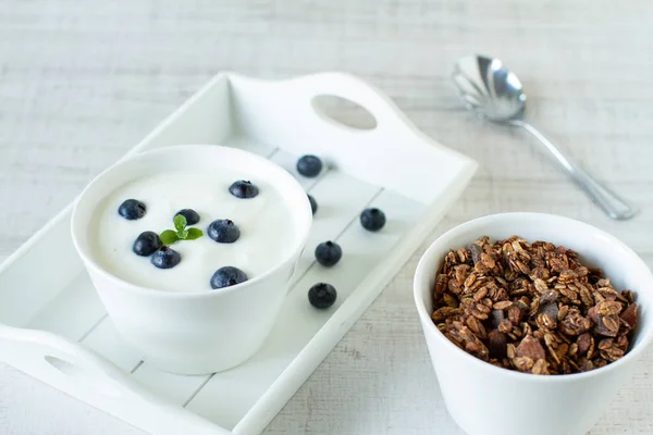 Homemade Granola Blueberries Yoghurt Table Healthy Food Clean Eating Dieting — Stock Photo, Image