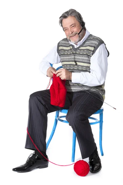 Grandfather knitting — Stock Photo, Image