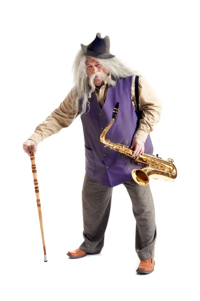 Saxophonist with a cane — Stock Photo, Image