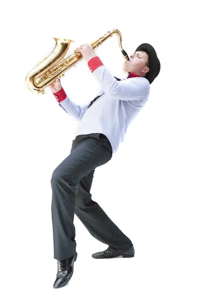 Jovem tocando no saxofone — Fotografia de Stock