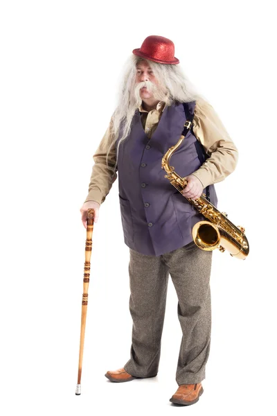 Saxophonist with a cane — Stock Photo, Image