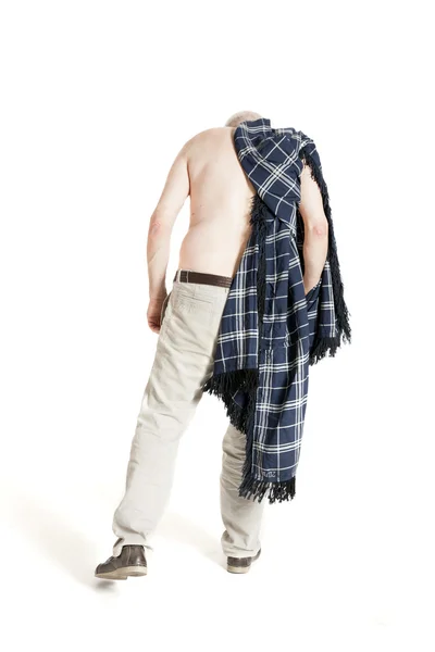 Man with a plaid turned back and looking down — Stock Photo, Image
