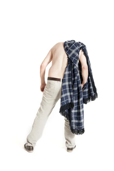 Man with a plaid turned back and looking down — Stock Photo, Image