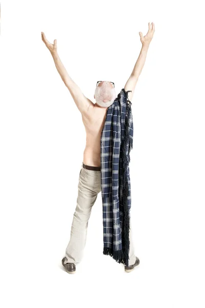 Man with a plaid turned back and put his hands up — Stock Photo, Image
