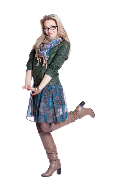 Beautiful young blonde wearing dress and jacket — Stock Photo, Image