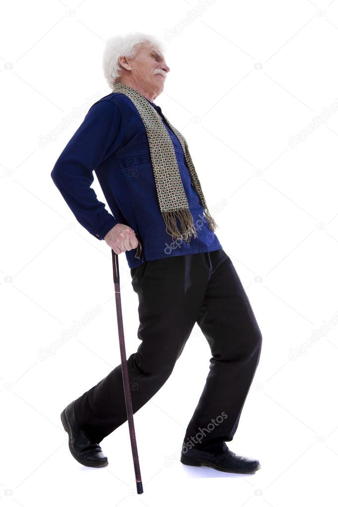 Elderly man with a cane and pain in the back